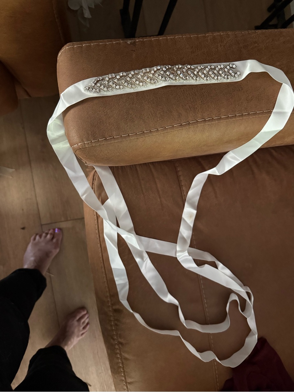 Beaded Satin Ribbon Belt - White